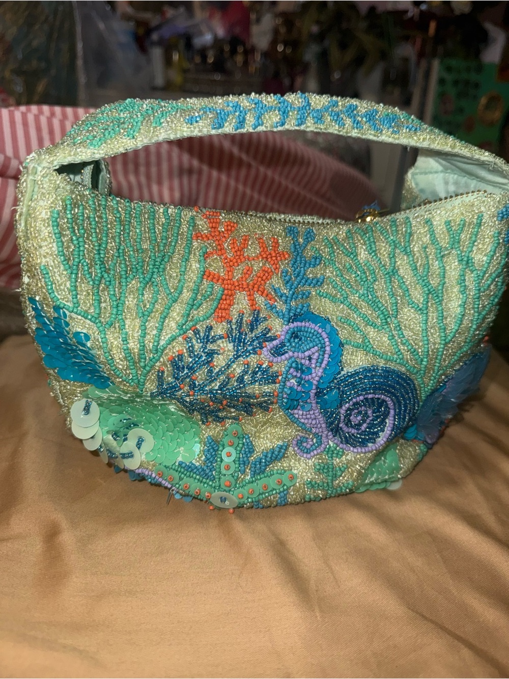 Beaded Ocean Motif Women's Handbag in Aqua and Teal